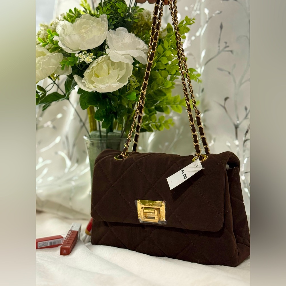 Aldo Dark Brown Quilted Shoulder Bag with Gold Chain